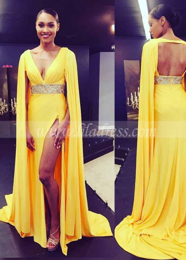 Loose Long Sleeves Yellow Prom Gowns with Beaded Band