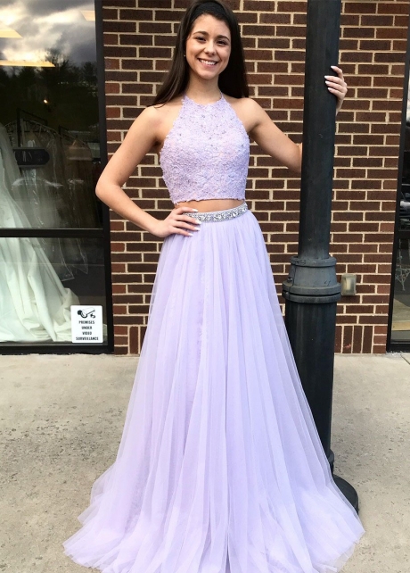 Lace Top Beaded Tulle Lavender Prom Gowns Two Piece