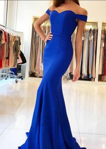Long Off-the-shoulder Blue Formal Prom Dresses