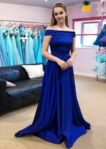 Long Royal Blue Evening Gown with Fold Off-the-shoulder