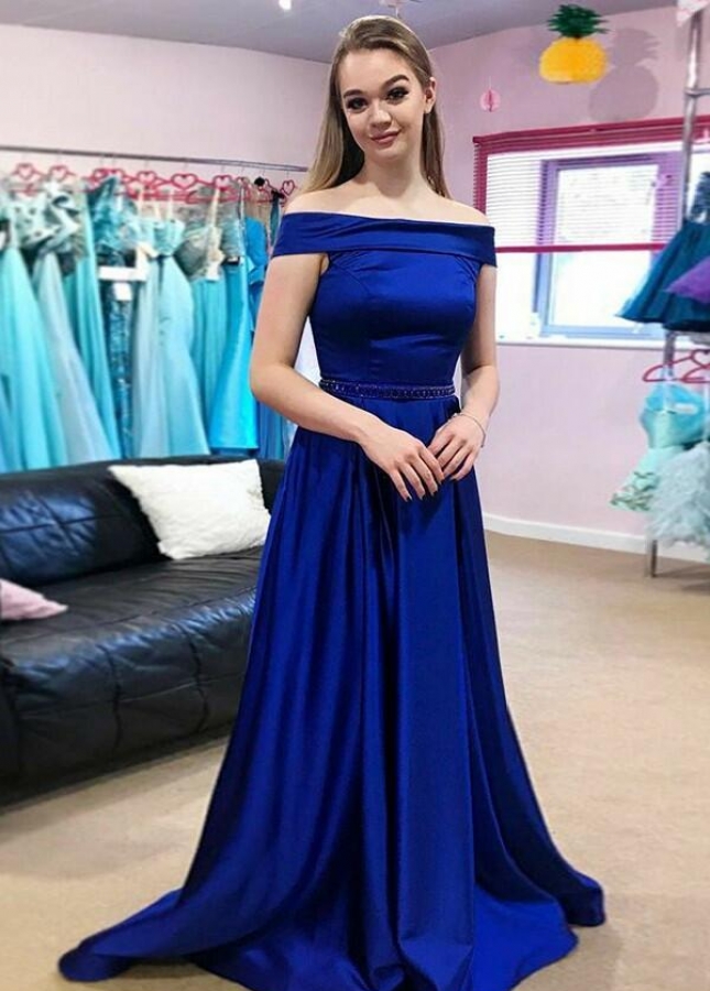 Long Royal Blue Evening Gown with Fold Off-the-shoulder