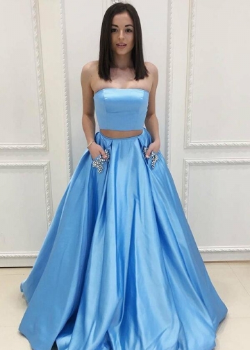 Light Blue Satin Two Piece Prom Gown with Rhinestones Pockets