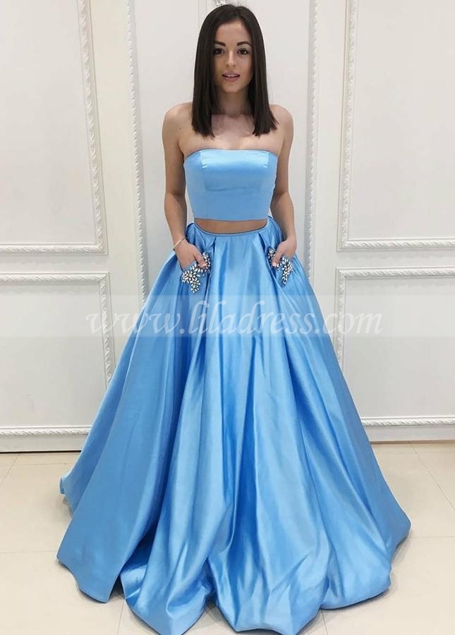 Light Blue Satin Two Piece Prom Gown with Rhinestones Pockets