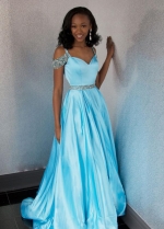Light Blue A-line Long Prom Gown Beaded Off-the-shoulder vestido largo de baile