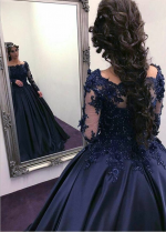 Lace Beaded Long Sleeves Navy Prom Ball Gown Dress Boat Neck
