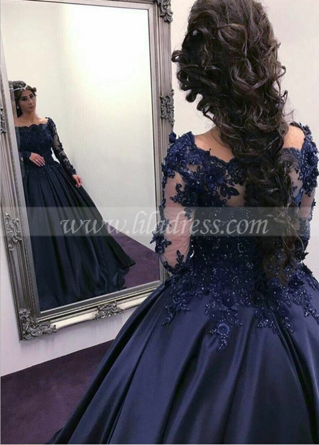 Lace Beaded Long Sleeves Navy Prom Ball Gown Dress Boat Neck