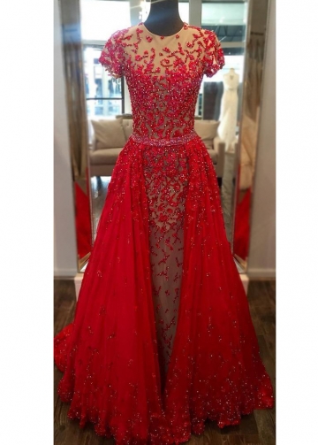 Luxury Beaded Lace Red Evening Prom Dress in Dubai Short Sleeves