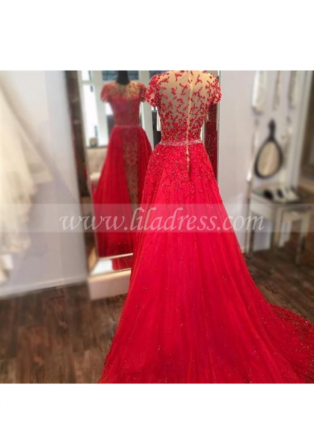 Luxury Beaded Lace Red Evening Prom Dress in Dubai Short Sleeves