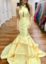 Light Yellow Satin Mermaid Evening Gowns with Tiered Skirt