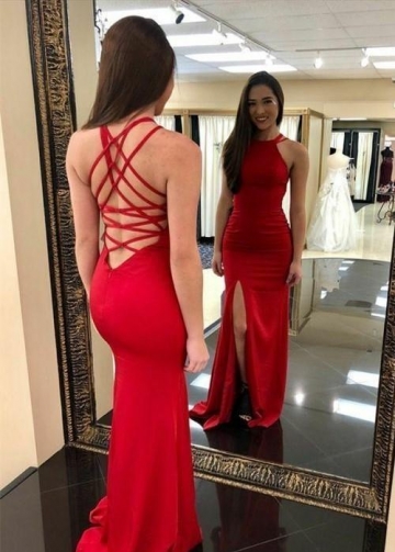 Long Red Evening Gowns with Intricate Strappy Back