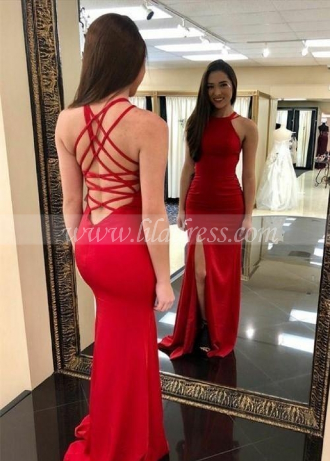 Long Red Evening Gowns with Intricate Strappy Back