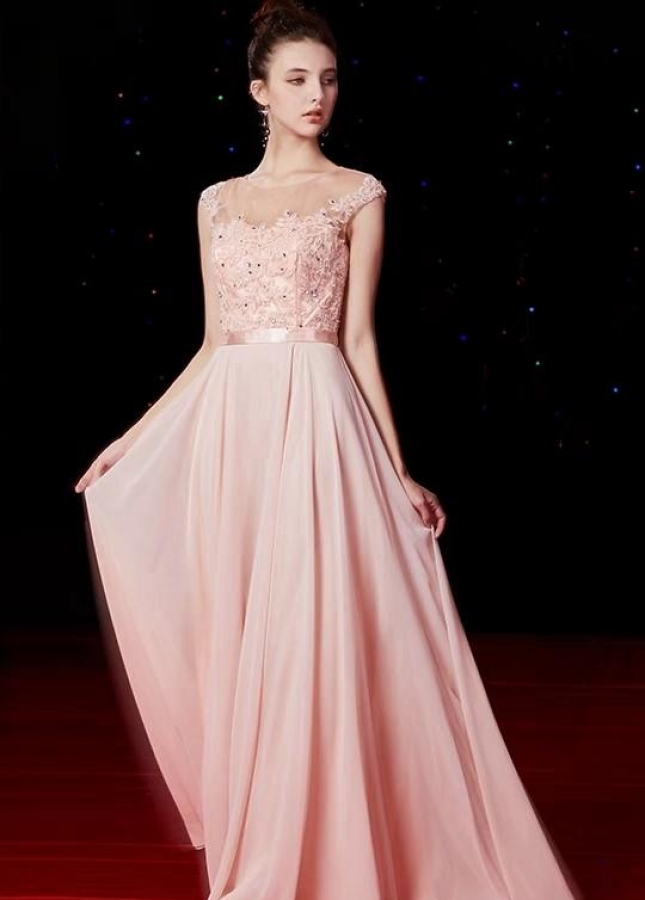 Long Pink Chiffon Evening Gowns Beaded Lace Bodice