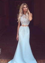 Light-blue Lace Satin Mermaid Prom Dress Two Piece