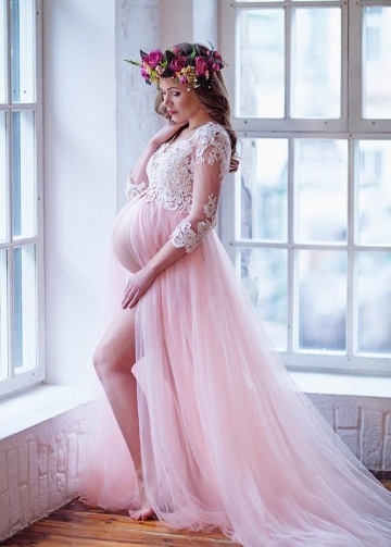 Lace Sleeves Maternity Prom Dresses with Tulle Skirt