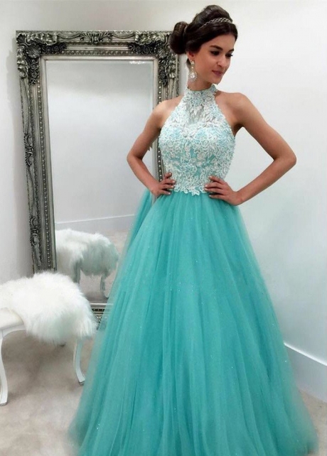 Lace High Neck Evening Gown with Mint Green Tulle Skirt