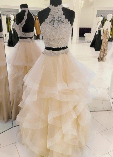 Lace Two-piece Champagne Prom Dresses with Horsehair Skirt