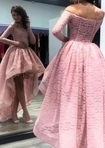 Long Sleeves Pink Lace Prom Dress with Short Front Skirt