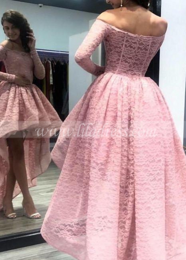 Long Sleeves Pink Lace Prom Dress with Short Front Skirt