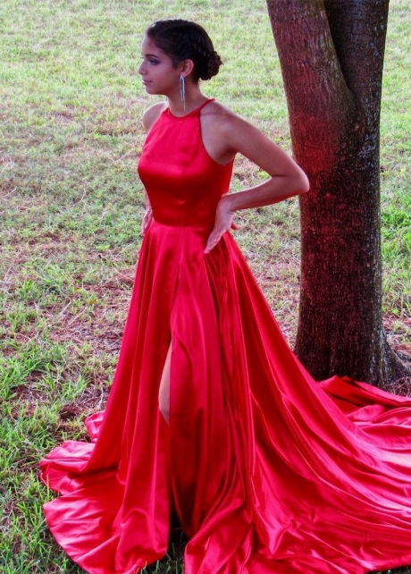 Leg Slit Red Prom Dresses with Long Train