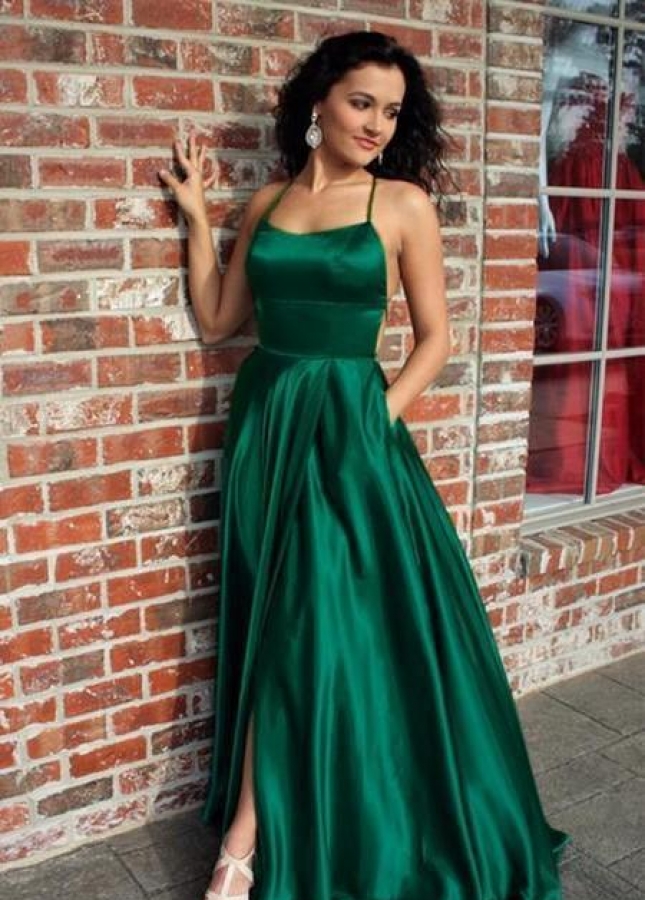 Long Green Prom Evening Dress with Lace-up Back