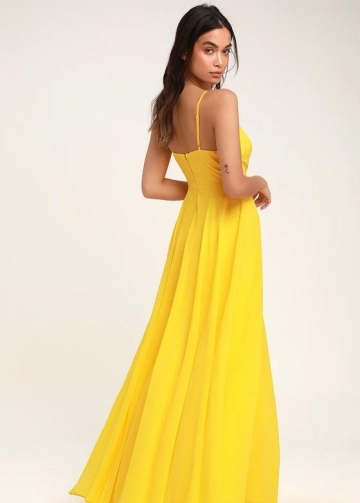 Long Chiffon Yellow Prom Dresses with Double Straps