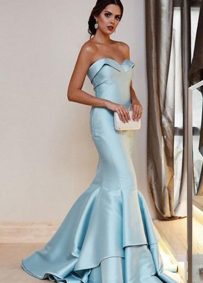 Light-blue Mermaid Style Evening Dresses with Fold Strapless