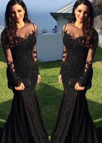 Long-sleeve Black Lace Evening Dresses with See-through Neckline