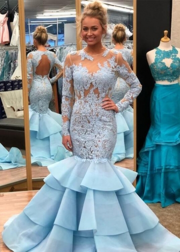 Light Blue Lace Mermaid Long Sleeves Prom Dresses with Tiered Skirt