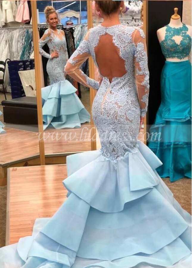 Light Blue Lace Mermaid Long Sleeves Prom Dresses with Tiered Skirt
