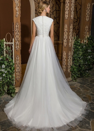 Lace V-neckline Modest A-line Wedding Dress with Stones Belt