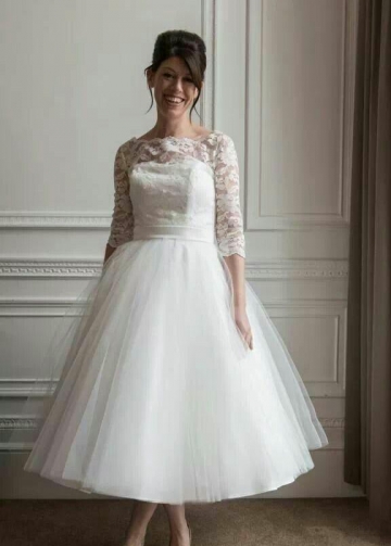 Lace Tulle Tea Length Wedding Dresses with Sleeves