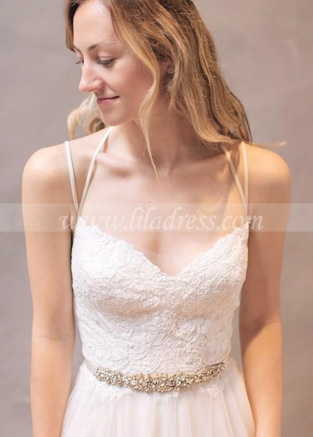 Lace Tulle Beach Casual Wedding Dress with Strappy Back Detail