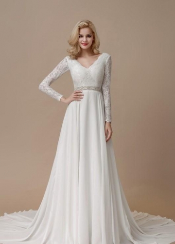 Lace Long Sleeves Boho Wedding Dress with Chiffon Skirt