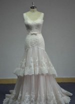 Lace V-neckline Wedding Dress with Two Layers Tulle Skirt