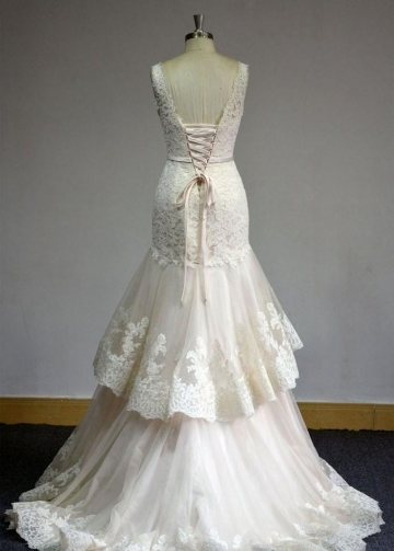 Lace V-neckline Wedding Dress with Two Layers Tulle Skirt