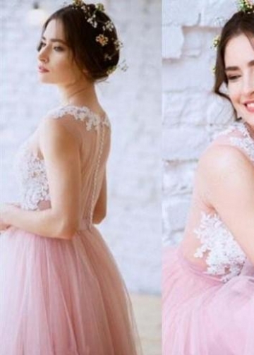 Lace Blush Pink Tulle Wedding Dress with Illusion Neckline
