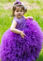 Multi Tiers Tulle Lace Ball Gown for Kids Wedding Party Dress Purple