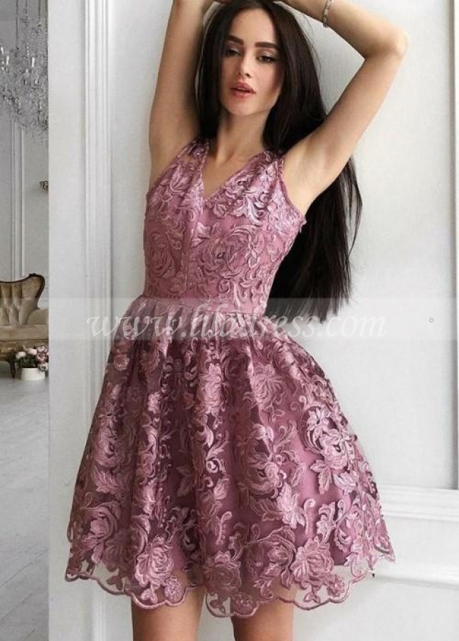 Mauve Lace Short Homecoming Dresses V-neckline vestido de fiesta