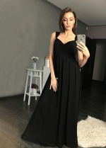 Maxi Long Black Chiffon Prom Gowns with Beaded Cap Sleeves