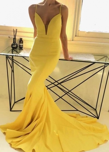 Mermaid Long Yellow Prom Gown Dress with Plunging Neckline