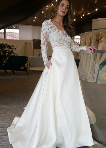 Modern Illusion Lace Long Sleeves Wedding Dresses with Satin Skirt