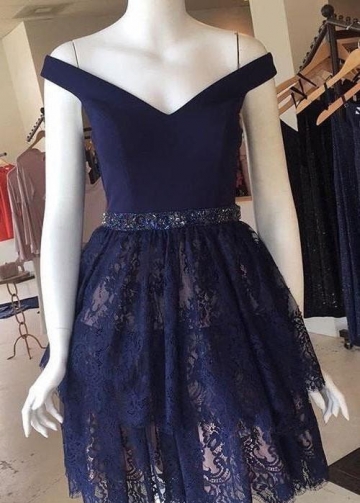 Navy Blue Lace Homecoming Party Dress Short Off-the-shoulder Neckline