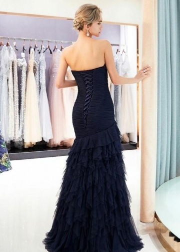 Navy Blue Tiered Evening Gown with Strapless Corset Back