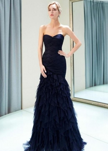 Navy Blue Tiered Evening Gown with Strapless Corset Back