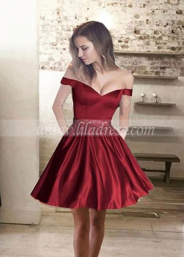 Off-the-shoulder Satin Burgundy Cocktail Party Dress with Beaded Belt