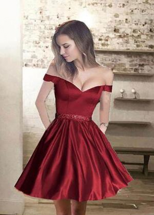 Off-the-shoulder Satin Burgundy Cocktail Party Dress with Beaded Belt