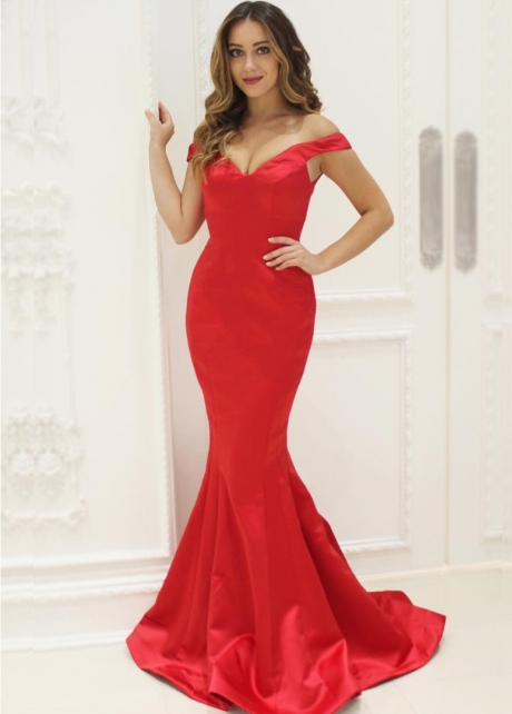 Off-the-shoulder Red Satin Evening Dresses Mermaid Style