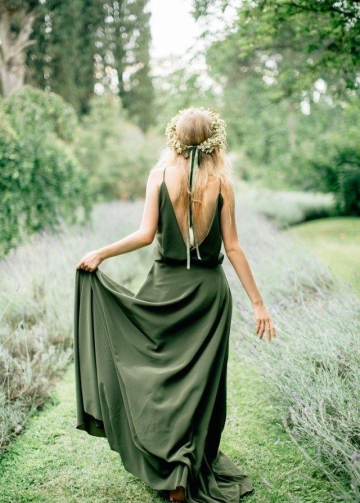 Olive Green Chiffon Bridesmaid Gown Dress Long