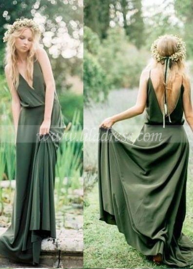 Olive Green Chiffon Bridesmaid Gown Dress Long