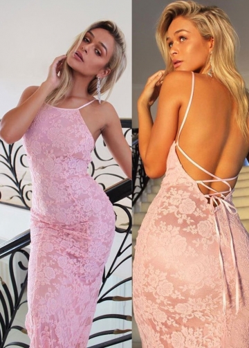 Open Back Pink Lace Mermaid Evening Prom Dresses